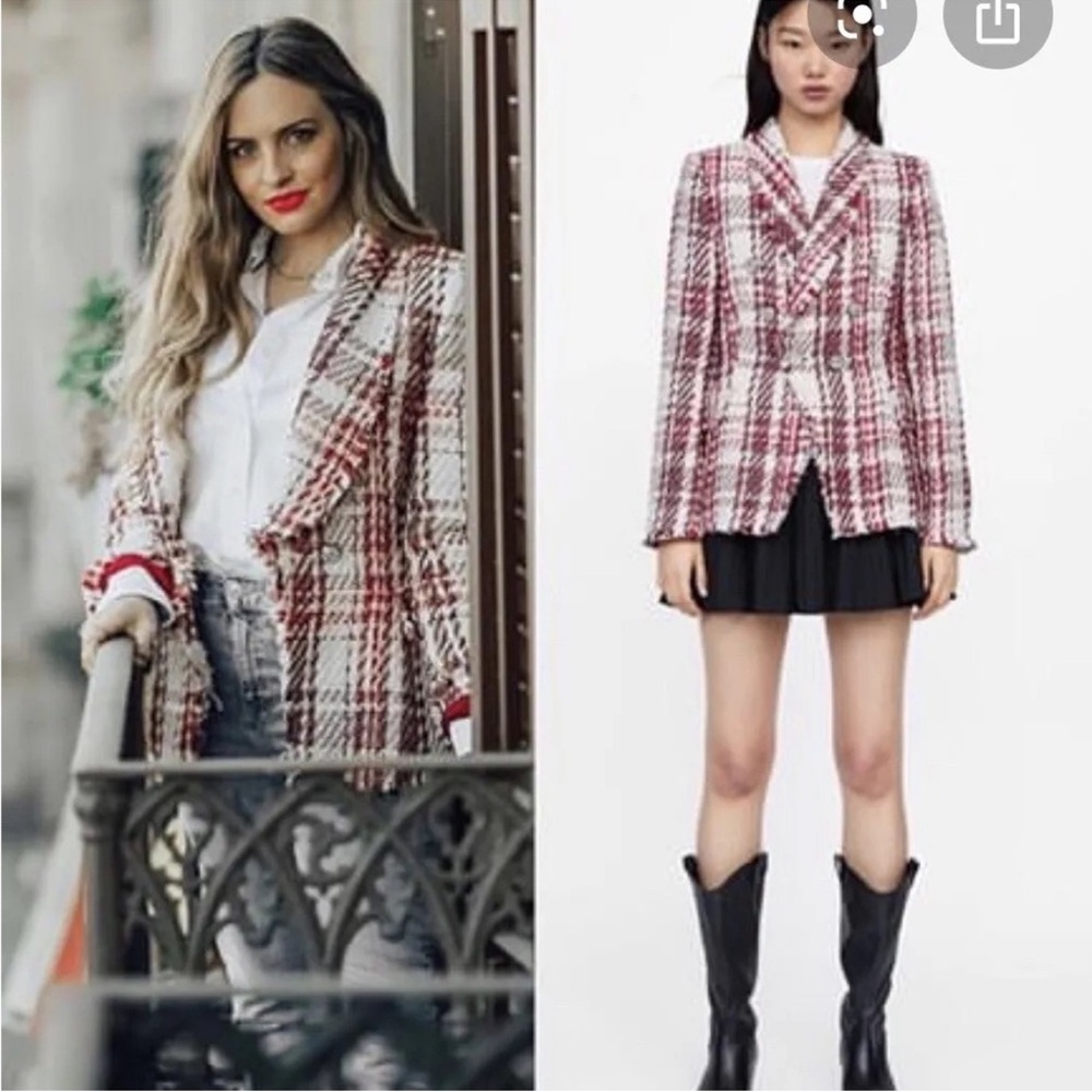 RARE Zara Red White Tweed Blazer Rhinestone Jewled abutting Double breasted XS - Picture 5 of 17